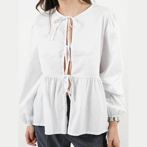 'Adalet' Linen Look Tie Front Smock Blouse - Celes Fashion